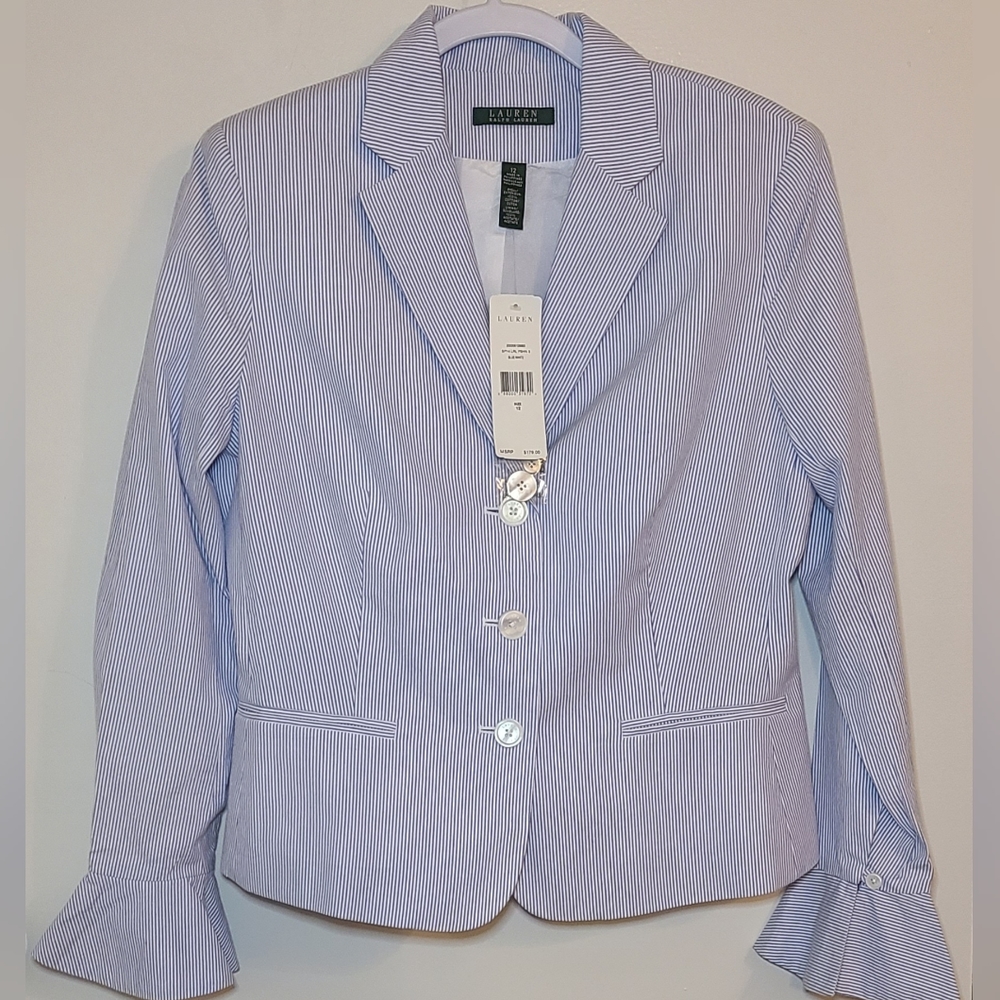 LRL Jacket | Curvy-Fit, Pinstripe, Bell-sleeves, Cotton (Blue/White) - 12, NWT